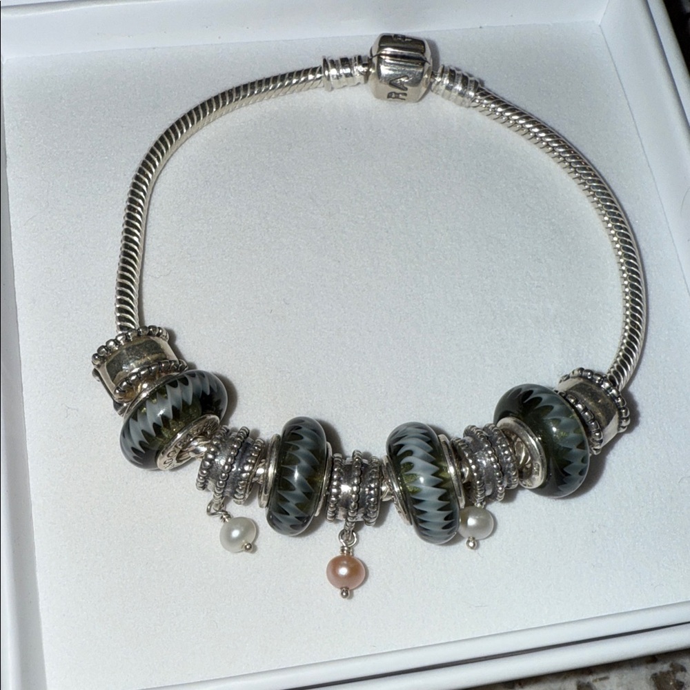 Pandora Silver and Murano gray-green Glass Charm Bracelet